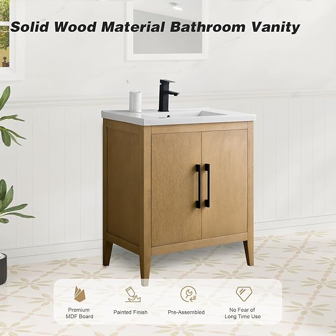 HomeBeyond 30 Inch Bathroom Vanity with Sink & Ceramic Top, Single Vanity Cabinet with Basin, Soft-Closing Doors & Matte Black Hardware, Natural Oak
