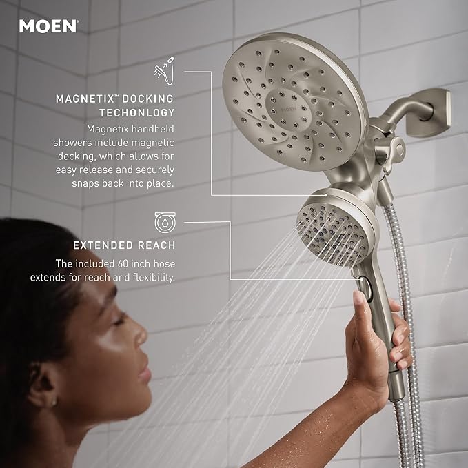 Moen Engage Magnetix 2-in-1 Combo Rain Showerhead with Detachable Handheld Shower Spray, Featuring Magnetic Docking System, Spot Resist Brushed Nickel, 26009SRN