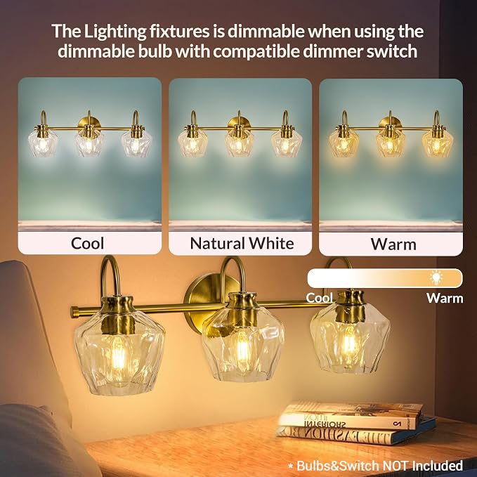 ANDY STAR Brushed Gold Vanity Light, 3 Light Bathroom Light Fixtures with Clear Diamond-Shape Hammered Glass, Brass Vintage Ripple Wall Lights for Hallway, Bedroom, Anti-Rust, E26 Base (No Bulbs)