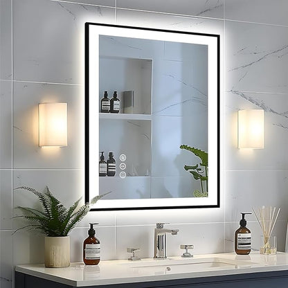 EchosLife 28x32 LED Bathroom Mirror - Black Aluminum Framed | Black Frame, Front and Backlit, Anti-Fog, Stepless Dimmable, 3 Colors, Memory, Tempered Glass, UL Listed, Horizontal/Vertical