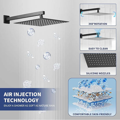 BWE Black Shower Faucet 10 Inch Square Luxury Rain Mixer Shower System Sets Complete 2-Functions Pressure Balancing Wall Mount Rainfall Rough-in Valve Body and Trim Included