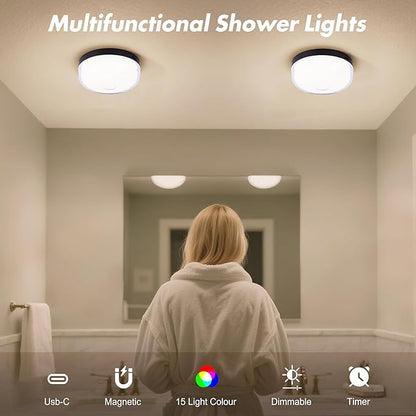 2-Pack Waterproof Shower Lights for Inside Shower, 15 RGBW Color Rechargeable Mood Lighting with Remote(Dimmable＆Timer), LED Wireless Ceiling Light for Bathroom, Closet, Hallway, Stairs, Party Decor
