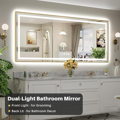 88x38 Inch LED Bathroom Mirror with Gold Frame, Backlit & Front Lit, Anti-Fog Lighted Bathroom Vanity Mirror for Wall, Memory Function, Dimmable, HD Tempered Glass, Shatter-Proof