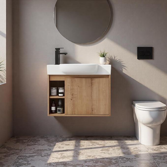 26" Bathroom Vanity with Sink, Farmhouse Cabinet, Natural Oak | Curved Sink Ceramic, Soft-Close Door, Interior Compartment and 2-Tier Open Side Shelves, 45° Inclined Edge Handle