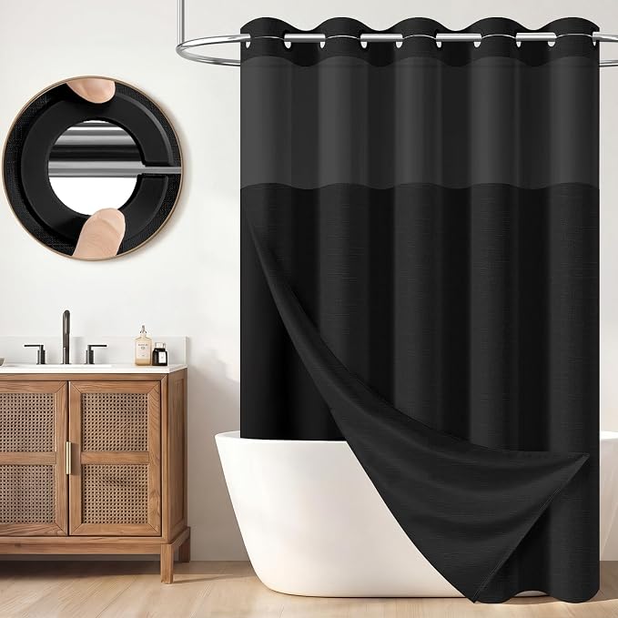 48x75 Ringless Linen Textured Shower Curtain with Snap in Liner, Black | Stall Size, 3 in 1 Shower Curtain Set, Removable Liner, Waterproof & Washable, Mesh Top Window, Durable Fabric, Easy Setup
