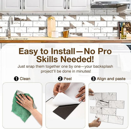 Peel and Stick Backsplash Tile for Kitchen & Bathroom Walls (Polished Carrara Marble, 10 Tiles - 9.7 sq. ft. (0.9 m²))