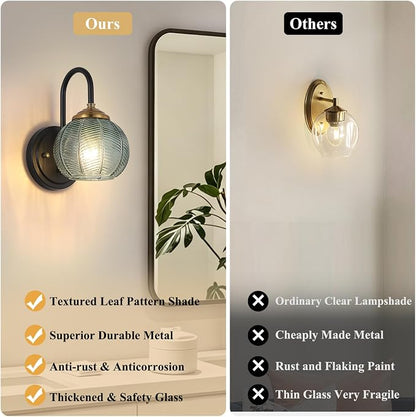 Mecgirn Bathroom Vanity Light Fixtures, 1-Light Green Glass Shade, Modern Black and Gold Wall Sconce, Unique Textured Leaf Pattern, Ceramic E26 Sockets Wall Mounted for Mirror, Cabinet, Hallway