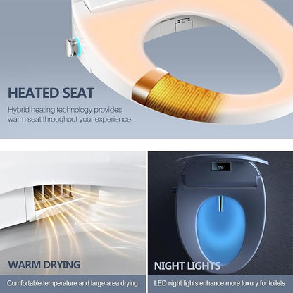 WLJBIDET Electric Heated Bidet Toilet Seat with Remote Control, Adjustable Warm Water & Pressure, Air Drying, Self-Cleaning Nozzle, Oscillating Cleaning, Display Screen, Slow Closed Lid - Elongated