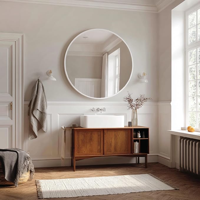 Big Wall Mirror 42 inch, White Bathroom Mirror, Matte Metal Frame | Matte White Metal Frame, High Definition Mirror, Rust-resistant, Circle Mirrors for Living Room, Bedroom, Dressing Room