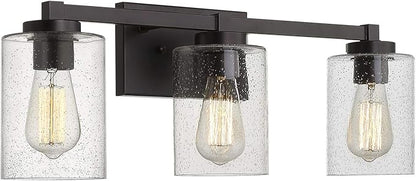 Beionxii 25In Farmhouse Bathroom Light Fixtures,Rustic Vanity Light Fixture | 3-Light Bathroom Vanity Light Fixture, Seeded Glass Shade, Oil Rubbed Bronze Over Mirror for Bathroom Living Room, BXMB9002-3