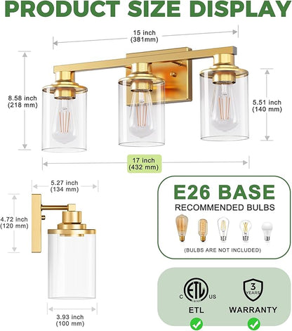 DORESshop 17 Inch Bathroom Light Fixtures, 3-Light Brushed Gold Bathroom Lighting Fixtures Over Mirror with Clear Glass Shade, Vanity Lights for Living Room Bedroom