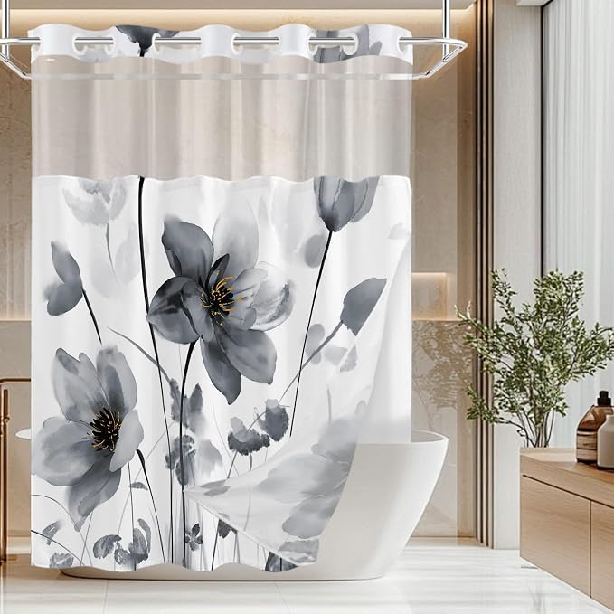No Hook Shower Curtain and Liner Set, Black Boho Floral 71x84 | Watercolor Boho Flower, with Snap in Liner, Waterproof, Machine Washable, Quick-Drying, for Hotel Bathroom