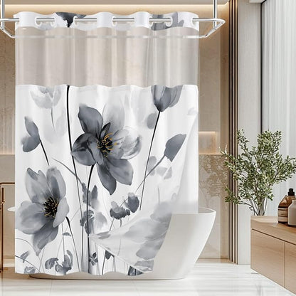 No Hook Shower Curtain and Liner Set, Black Boho Floral 71x84 | Watercolor Boho Flower, with Snap in Liner, Waterproof, Machine Washable, Quick-Drying, for Hotel Bathroom