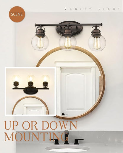 3-Light Farmhouse Bathroom Vanity Light Over Mirror | Oil Rubbed Bronze Vanity Lighting Fixture with Globe Clear Glass, Metal Frame, Wall Mounted, AD-2148-3W
