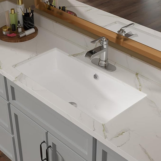 Lordear Rectangle Bathroom Sink Undermount 28" Undermount Bathroom Sink Rectangular Pure White Vitreous Ceramic Lavatory Vanity Vessel Sinks