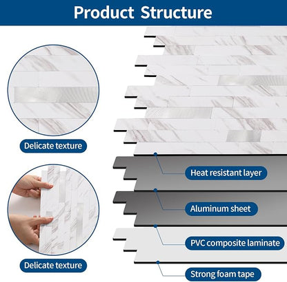 Yipscazo Peel and Stick Stone Metal Backsplash, Stick on Tiles for Backsplash Kitchen(10 Sheets, Calar White Stone)