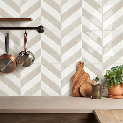 STICKGOO Herringbone Peel and Stick Backsplash, White & Beige, 10 Sheets | 12.6 x 9.7 in, Thicker Rectangular Vinyl Stick-On Wall Tiles, Easy Alignment, Waterproof, Easy to Clean, Kitchen/Bathroom
