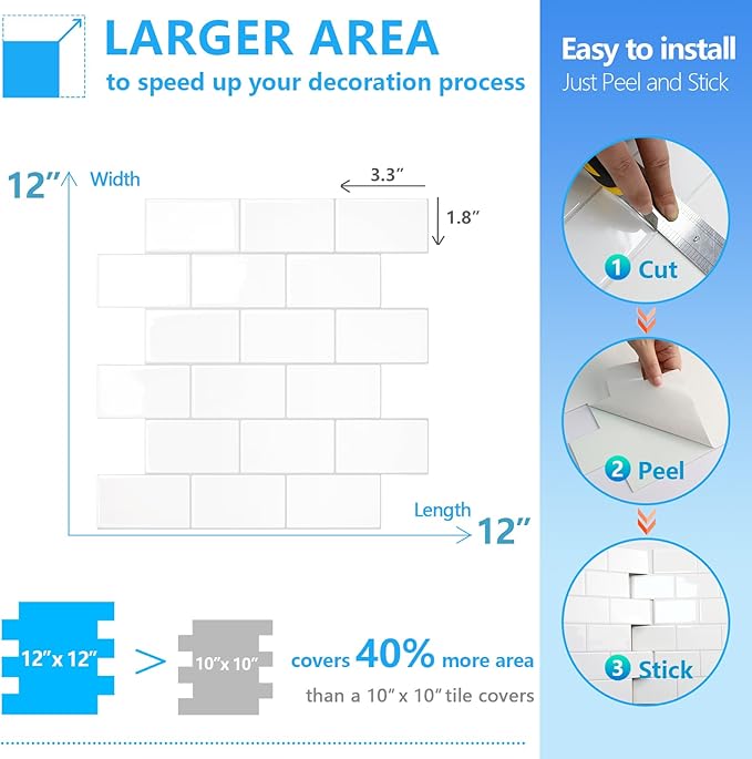 STICKGOO Subway Tile Peel and Stick Backsplash, Thicker Design 12" x 12" Stick on Backsplash Tiles for Kitchen, Bathroom, Wall Tile (10 Sheets, Bright Glossy White)