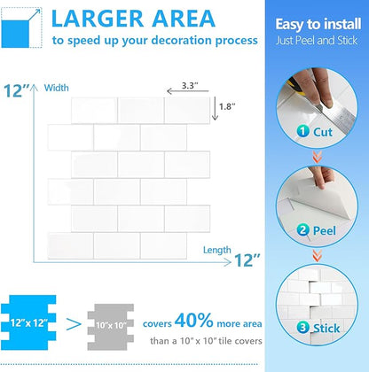 STICKGOO Subway Tile Peel and Stick Backsplash, Thicker Design 12" x 12" Stick on Backsplash Tiles for Kitchen, Bathroom, Wall Tile (10 Sheets, Bright Glossy White)