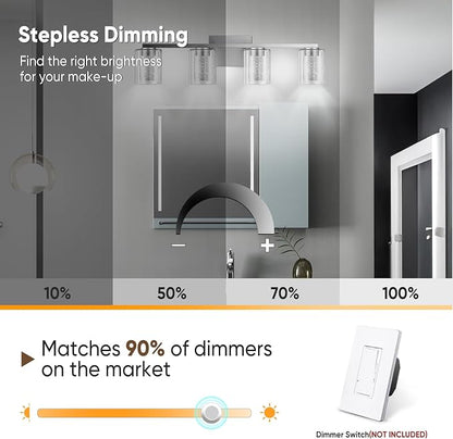 LED Modern Bathroom Light Fixtures Over Mirror, 4-Light Brushed Nickel Vanity Lights with 5 Color Modes, Dimmable Bathroom Vanity Light with Crystal Bubble Glass, 2700K-6500K Adjustable, ETL