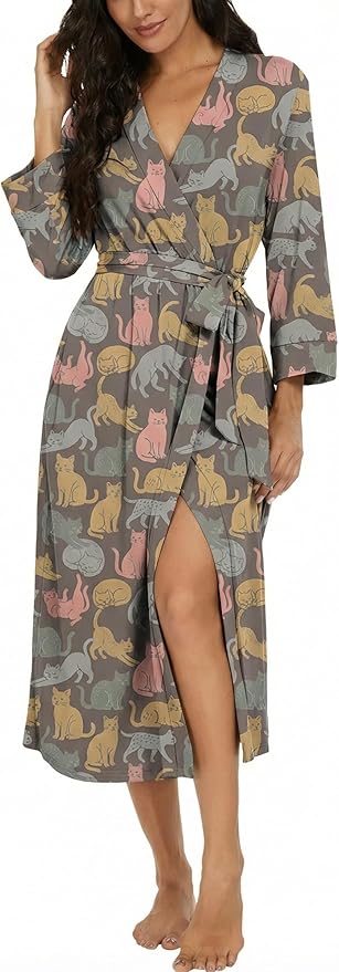 VINTATRE Women Kimono Robes Long Knit Bathrobe Lightweight Soft Knit Sleepwear V-neck Casual Ladies Loungewear