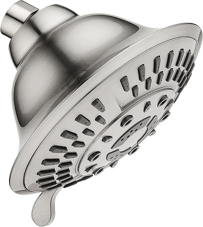 BRIGHT SHOWERS High Pressure Rain Shower Head, Fixed Shower Head with 5 Spray Settings, Adjustable Angle and Anti-Clog Nozzles, Brushed Nickel