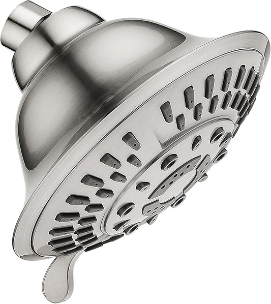BRIGHT SHOWERS Shower Head High Pressure Rain Showerhead 5 Spray Setting Fixed Shower Head Angle Adjustable Bathroom Showerhead, Brushed Nickel