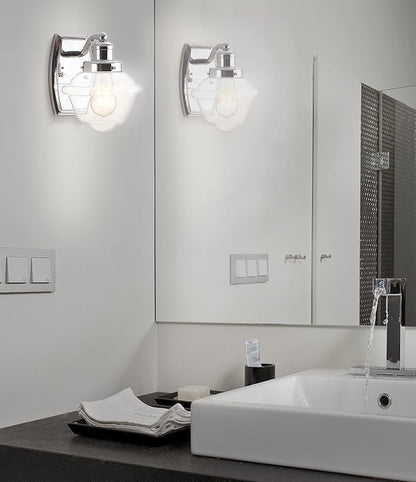 JONATHAN Y 7" Chrome 1-Light Schoolhouse LED Vanity Light, Mid-Century Wall Sconce for Bathroom Kitchen Hallway, Clear Glass Shade, 2700K LED Bulb Included JYL3530A