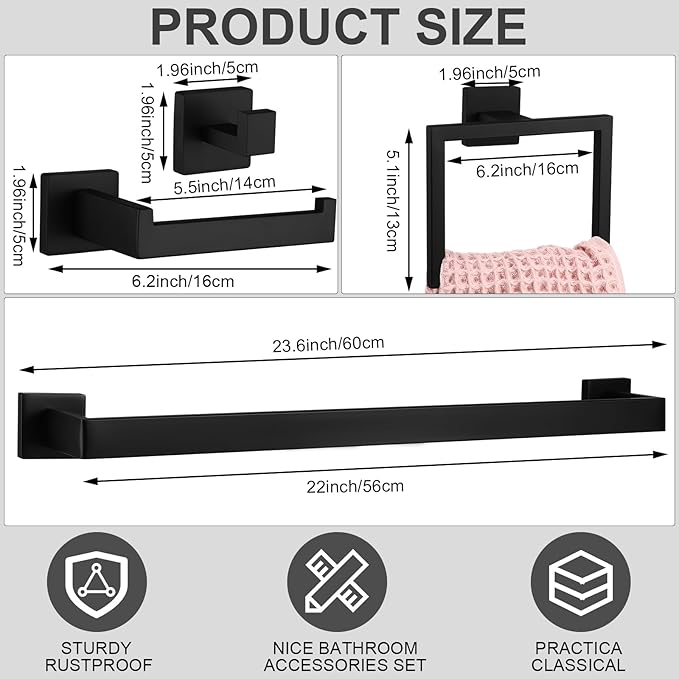 Gisafai 15 Pcs Black Bathroom Hardware Accessories Set 23.6 Inch Bath Towel Bar Kit Stainless Steel Bathroom Hardware Set Towel Racks Ring Robe Hooks Paper Holder for Wall Mounted