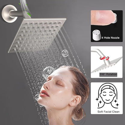 Luxury Thermostatic Digital Dual Heads Shower System Brushed Nickel Full Bdoy Shower Faucet Set with 20x14in LED Rainfall Showerhead and 6in Wall Shower, 4 Body Jets with Shut-off, Brass Handheld