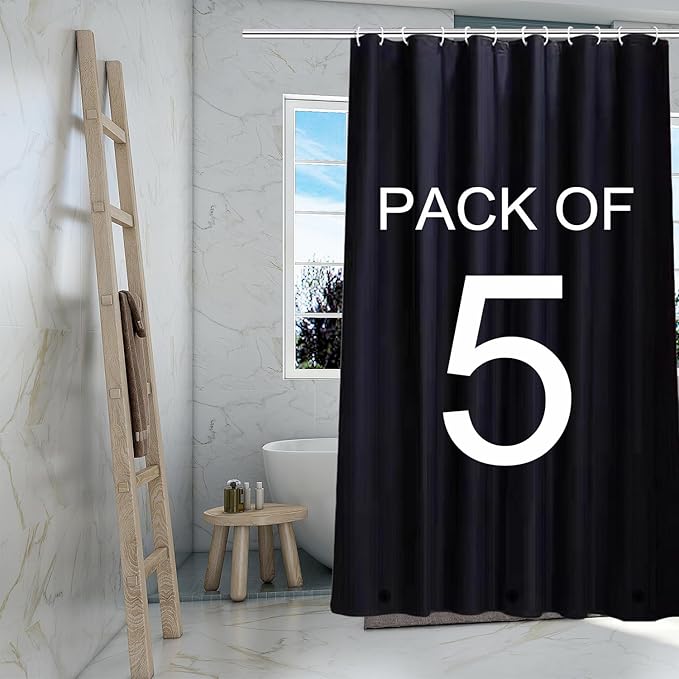 Black Shower Curtain Liner 5 Pack, 4G PEVA Shower Liner, Plastic Peva Waterproof Shower Curtains, 72x72 inch with Grommet Holes 3 Magnetic Weights