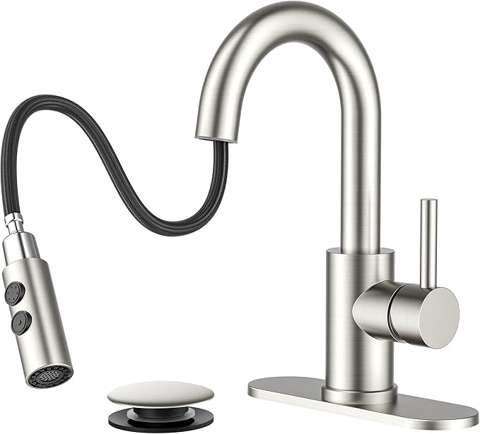 FORIOUS Bathroom Faucet 1 Hole with Pull Down Sprayer, 3 Hole Brushed Nickel Bathroom Sink Faucet with Pop Up Drain for RV Bar Laundry Vanity Utility Sink Remodel, Single Handle Design