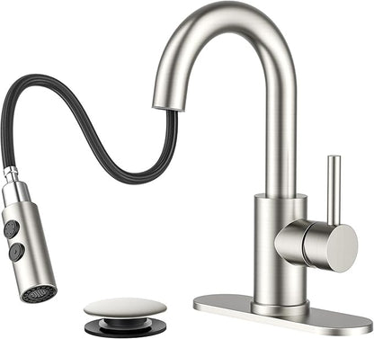 FORIOUS Bathroom Faucet 1 Hole with Pull Down Sprayer, 3 Hole Brushed Nickel Bathroom Sink Faucet with Pop Up Drain for RV Bar Laundry Vanity Utility Sink Remodel, Single Handle Design