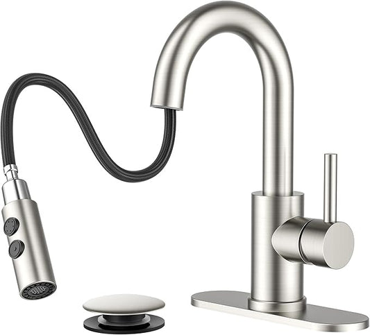 FORIOUS Bathroom Faucet 1 Hole with Pull Down Sprayer, 3 Hole Brushed Nickel Bathroom Sink Faucet with Pop Up Drain for RV Bar Laundry Vanity Utility Sink Remodel, Single Handle Design
