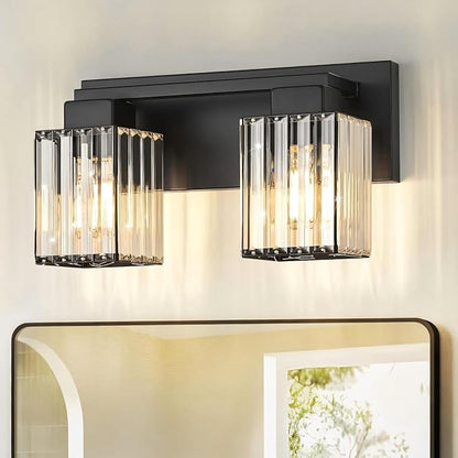 2-Light Black Crystal Vanity Light Bathroom Lighting Fixtures Over Mirror | Wall Sconces with Square Crystal Shades, E26 Socket, Modern Vanity Lights for Bathroom (Bulbs Not Included)