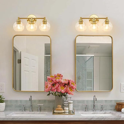 Bathroom Light Fixtures, Vanity Lights for Bathroom 3-Light Gold, Bathroom Lighting Fixtures Over Mirror with Clear Glass Globe Shade, Bathroom Vanity Light for Living Room Kitchen Bedroom Hallway