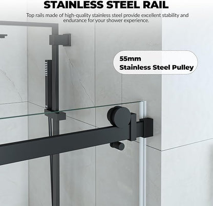 GarveeLife Frameless Glass Shower Door 44-48”W×76”H, Sliding Shower Door with Square Stainless Steel Rail, 8mm Tempered Glass, Matte Black Bathroom Door