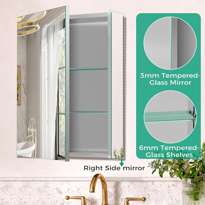 Medicine Cabinet Mirror,Bathroom Mirror with Storage 24 x 32 in | Bathroom Medicine Cabinet With Mirror And Adjustable Shelves, Aluminum Recessed or Wall Mounted Medicine Cabinets