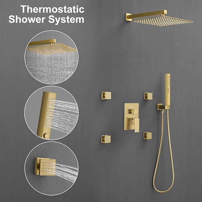 RUMOSE Rainfall Shower System with 4 Body Jets Wall Mounted 4 Mode Shower Faucet Set with 12 Inch Rain Shower Head and 2 in 1 Handheld Spray, Brushed Gold Brass Shower Fixtures, Rough-in Valve