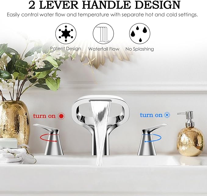 Bathroom Faucets for Sink 3 Hole, Bezeit 8 Inch Widespread Bathroom Faucet with Waterfall Spout, Solid Brass Chrome Faucet with 2 Handles and Water Supply Hoses