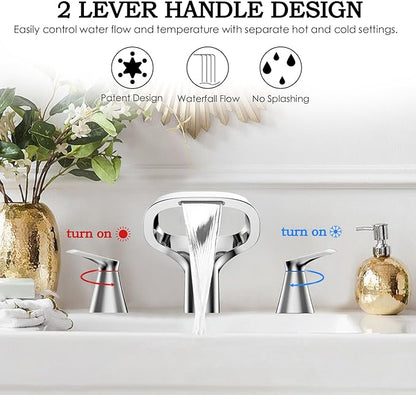 Bathroom Faucets for Sink 3 Hole, Bezeit 8 Inch Widespread Bathroom Faucet with Waterfall Spout, Solid Brass Chrome Faucet with 2 Handles and Water Supply Hoses