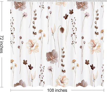 Brown Beige Watercolor Floral Fabric Shower Curtain, 108x72 | Waterproof Fabric, Modern Minimalist Floral Print, Machine Washable, Rustproof Grommets, for Bathroom Home, Extra Wide