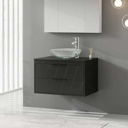 eclife 30" Floating Bathroom Vanities with Sink Combo, Wall Mounted Modern Cabinet W/Diamond Line Pattern Design, Clear Round Glass Vessel Sink W/Water Save Faucet & Pop Up Drain, Black