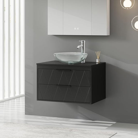 eclife 30" Floating Bathroom Vanities with Sink Combo, Wall Mounted Modern Cabinet W/Diamond Line Pattern Design, Clear Round Glass Vessel Sink W/Water Save Faucet & Pop Up Drain, Black