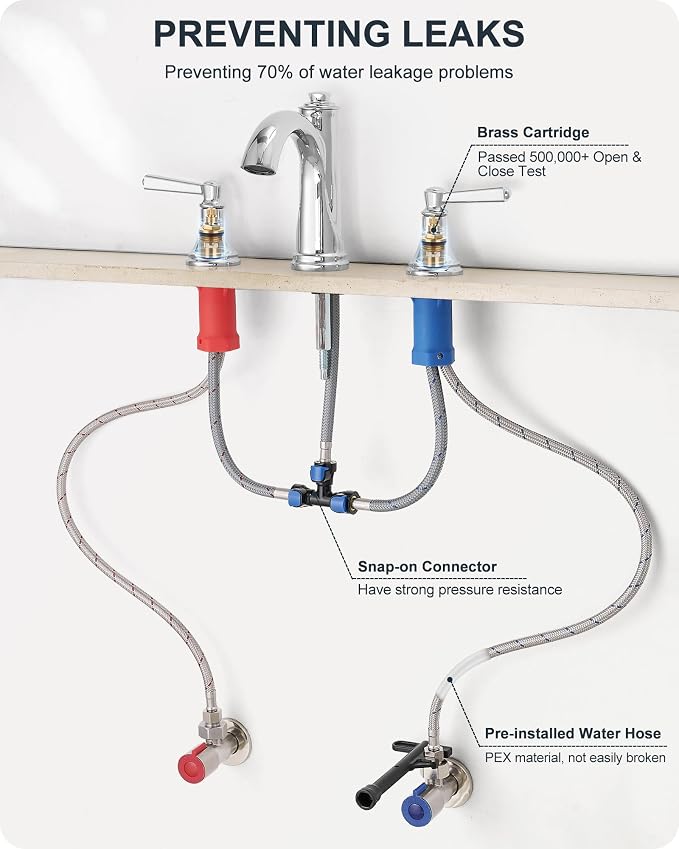 Brass Bathroom Faucets 3 Hole, Chrome Bathroom Faucet 4-16 Inch | Lead-Free, Widespread 2 Handles, Pop-Up Drain, Pre-installed cUPC Supply Hoses, 10 Mins Install, For Vanity Restroom Lavatory