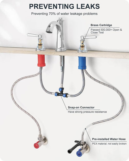 Brass Bathroom Faucets 3 Hole, Chrome Bathroom Faucet 4-16 Inch | Lead-Free, Widespread 2 Handles, Pop-Up Drain, Pre-installed cUPC Supply Hoses, 10 Mins Install, For Vanity Restroom Lavatory