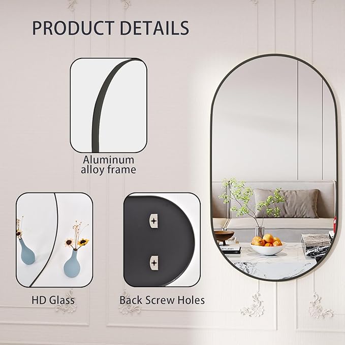 Oval Mirrors,22x38 Oval Bathroom Mirrors,Bathroom Mirrors for Over Sink,Wall Mirror,espejos para baños(Black)