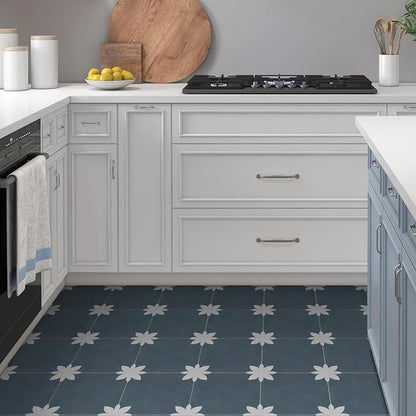 16-Sheet Peel and Stick Floor and Wall Tile for Bathroom Kitchen, 9" x 9" Blue Flower SPC Self-Adhesive Vinyl Flooring Patterned Groutable Backsplash Tile, Covers 9.12 Sq Ft.