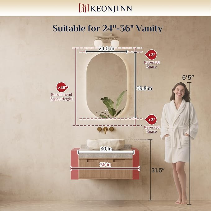 Keonjinn 24 x 40 Inch Oval LED Mirror for Bathroom, Pill-Shaped Backlit Mirror Bathroom for Wall, HD Tempered Glass, Safe Defogging, UL-Listed, 3000K/4500K/6500K, (Horizontal/Vertical)