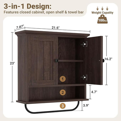 Besiost Farmhouse Bathroom Wall Medicine Cabinet with Removable Towel Bar | Over Toilet Storage Organizer, 7.9" Slim Profile, 100 Lbs Capacity, Adjustable Shelf, Soft Close Hinges Door, Black Walnut